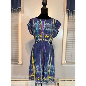 Boho Ikat Print Mini Dress Fit & Flare Belted Indie Festival Size L
